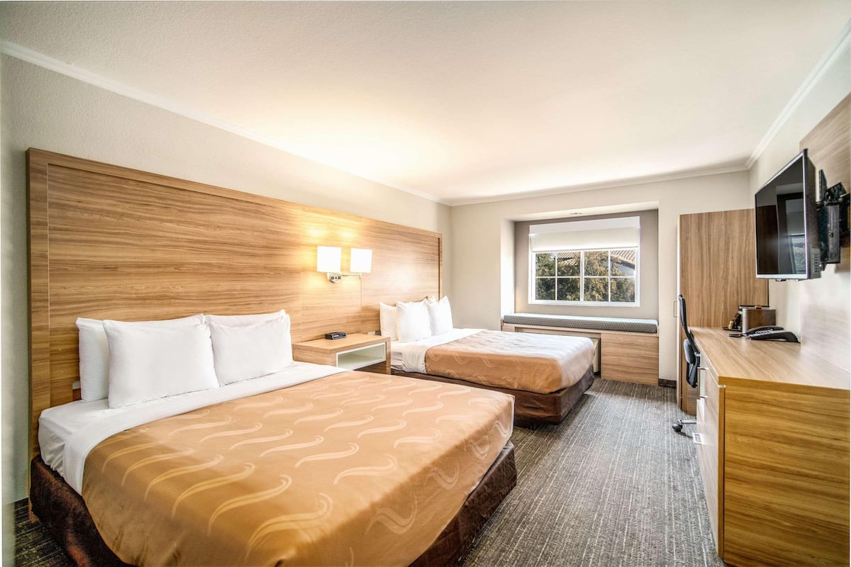 Habitación de hotel con dos camas, un escritorio, un televisor y una ventana con vistas.