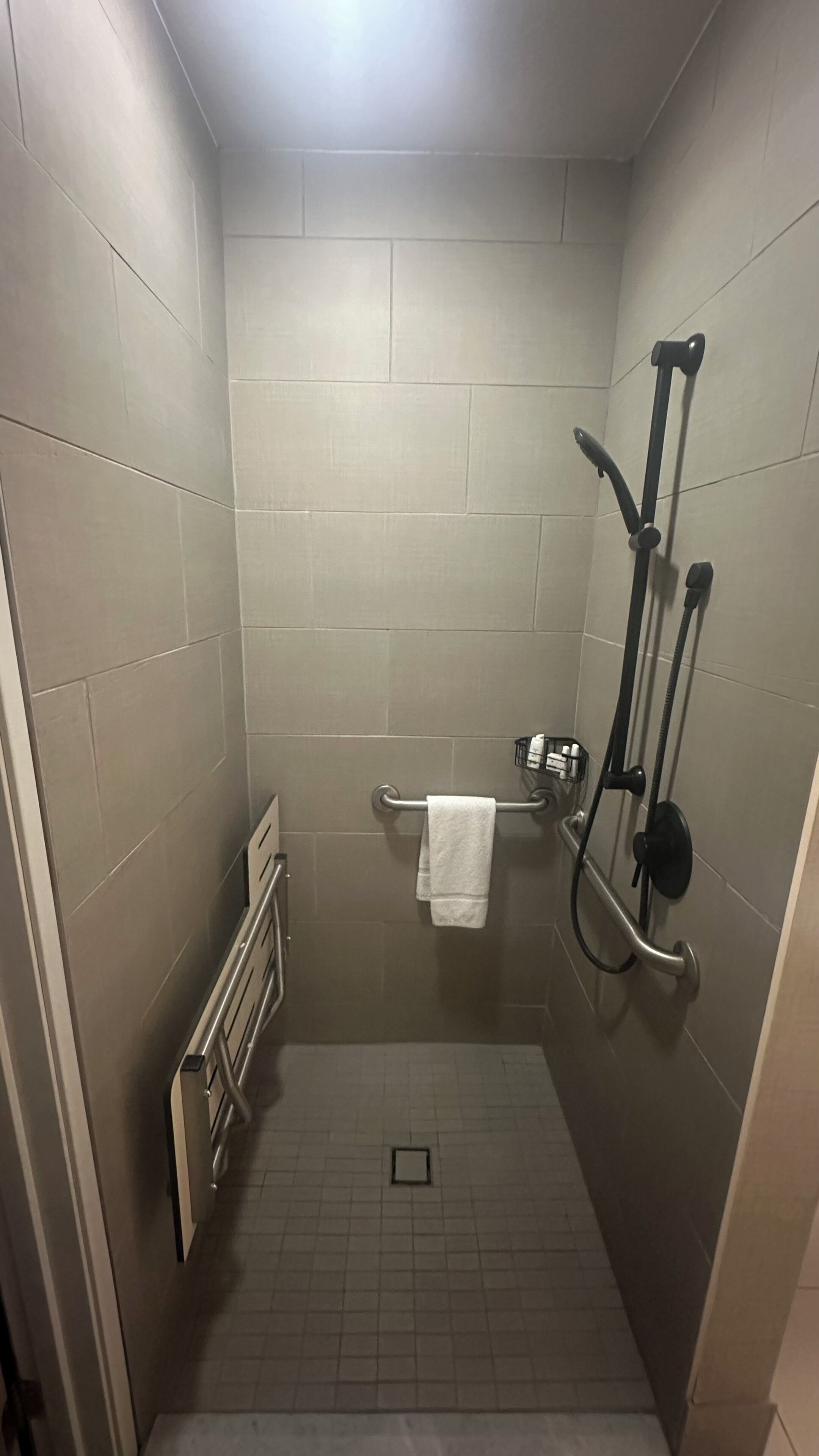 A small, enclosed shower area with a grab bar, a towel rack, and a radiator.