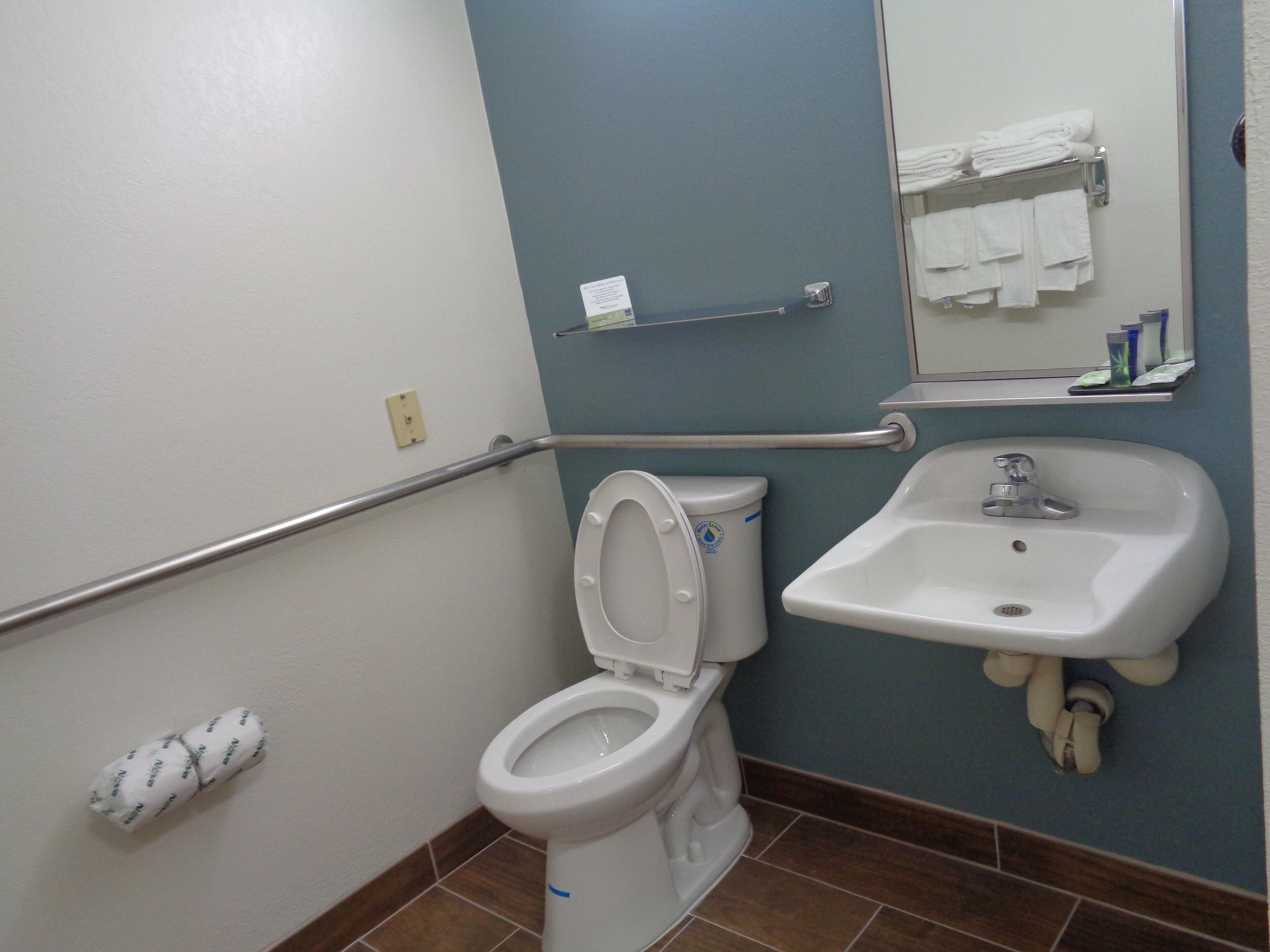 A bathroom with a white toilet, a sink, and a handrail.