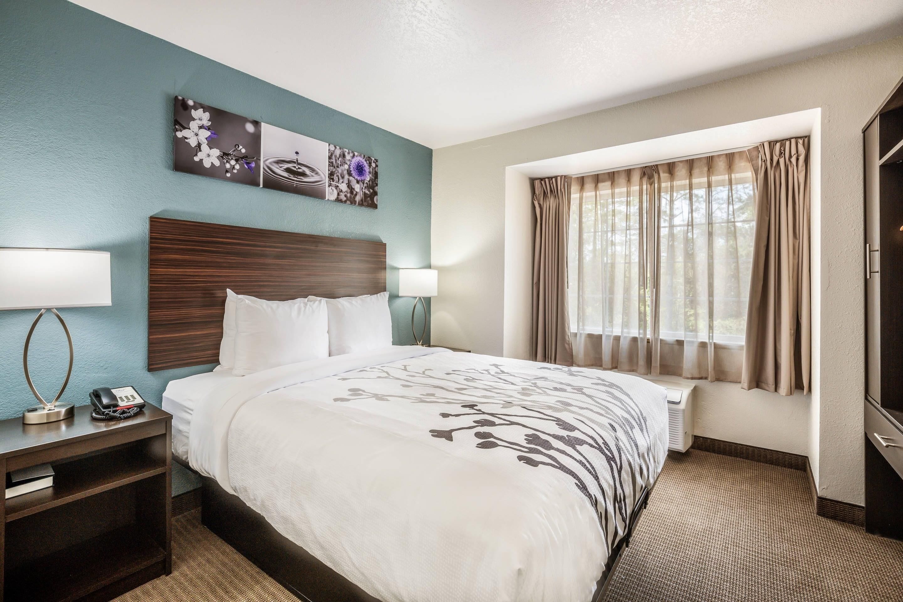 A hotel room with a bed, bedside tables, a telephone, artwork on the wall, a window with curtains, and a radiator.