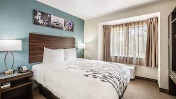 A hotel room with a bed, bedside tables, a telephone, artwork on the wall, a window with curtains, and a radiator.