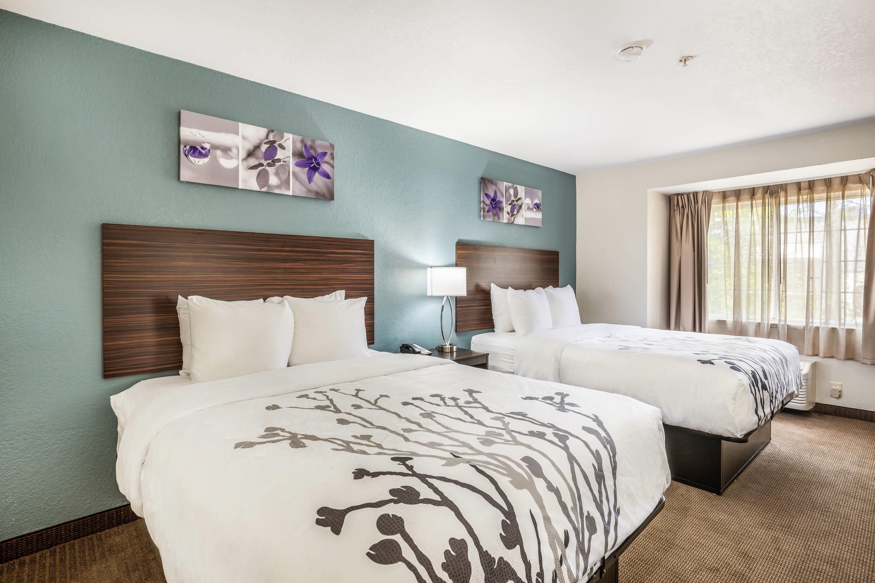 A hotel room with two beds, a nightstand, a lamp, and artwork on the walls.