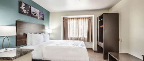 Desk, blackout drapes, soundproofing, iron/ironing board