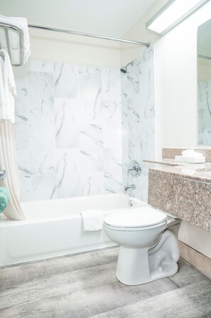 Combined shower/bathtub, free toiletries, hair dryer, towels
