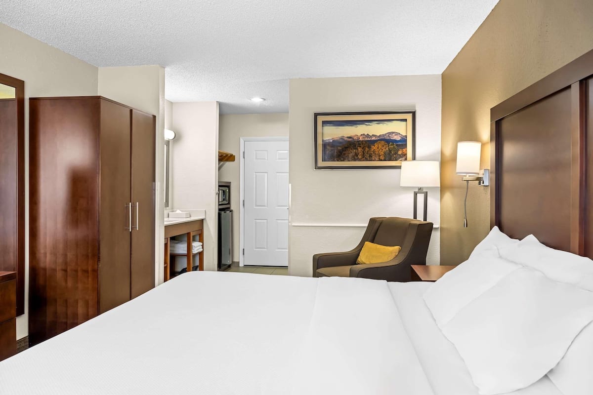Ein Hotelzimmer mit Bett, Stuhl, Schreibtisch, Kleiderschrank, Badezimmer und einem Bild an der Wand.