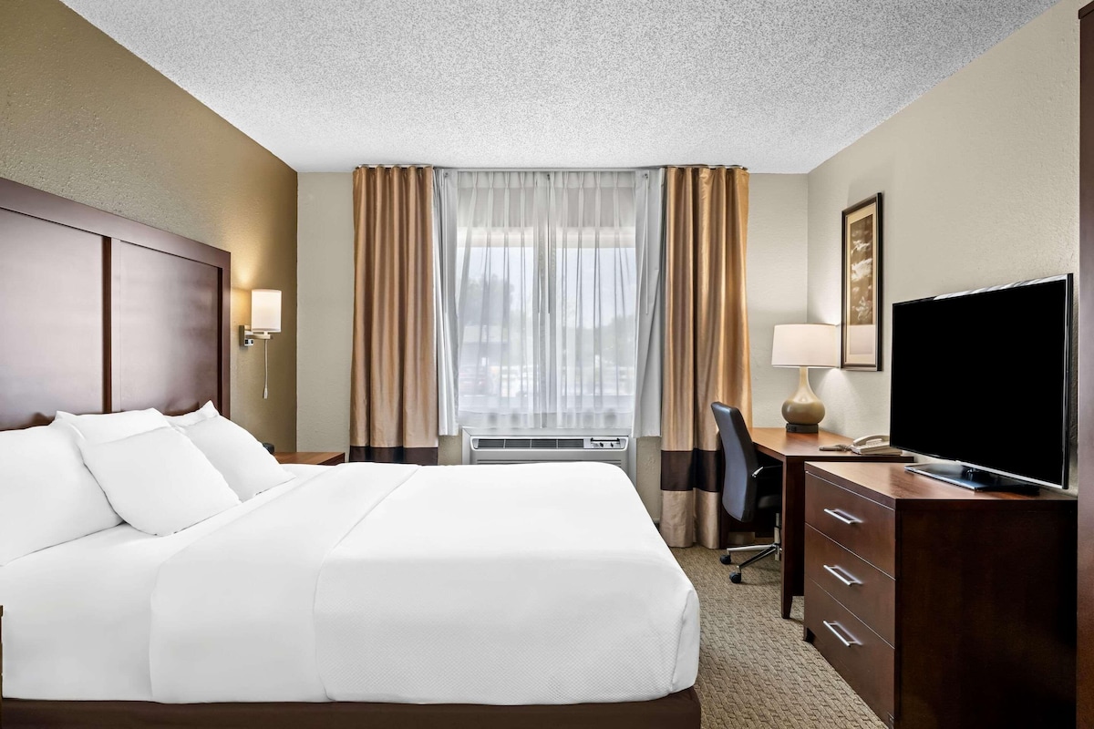 A hotel room with a large bed, a desk with a television, a chair, and a desk lamp.