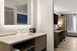 Desk, laptop workspace, blackout curtains, iron/ironing board