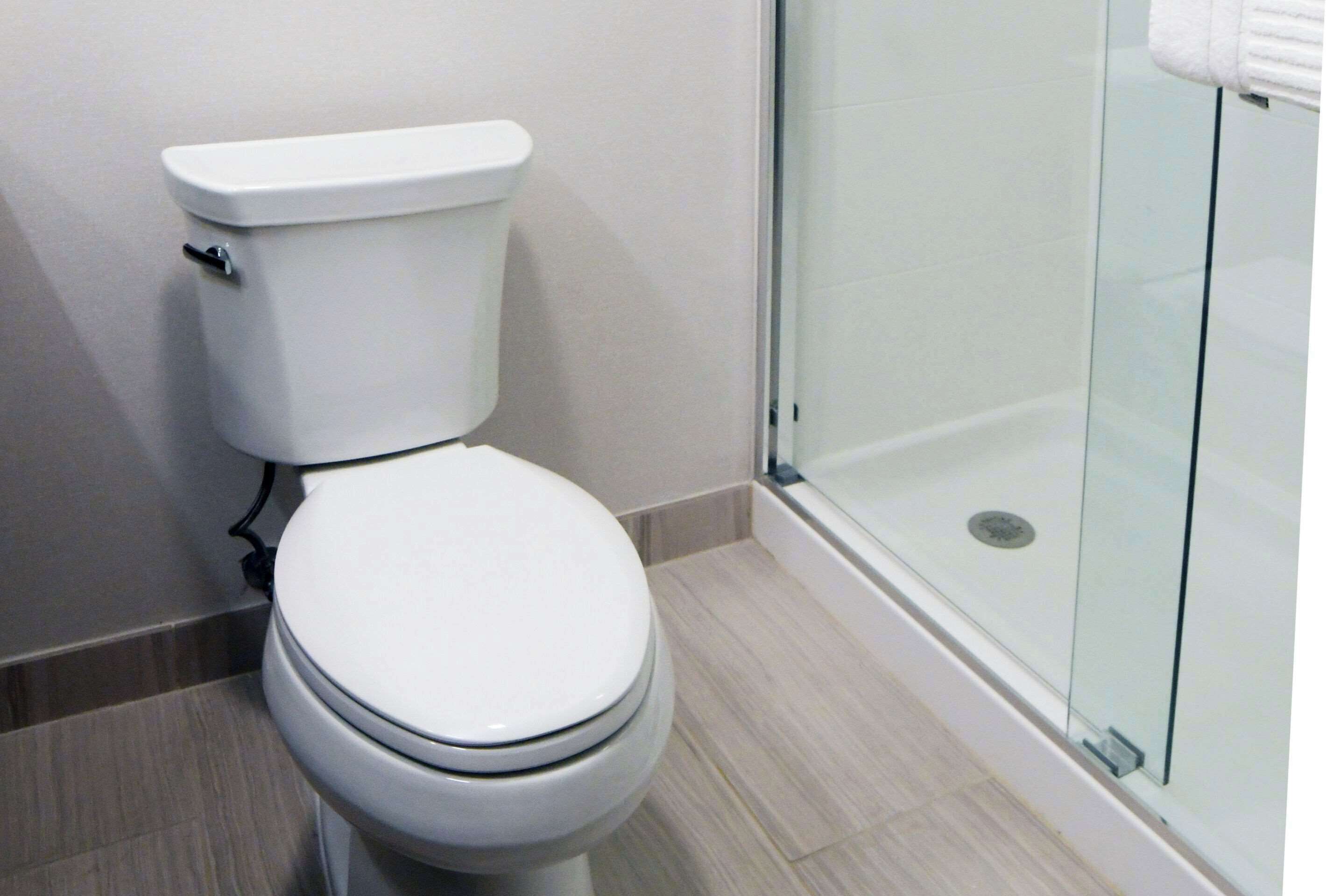 A modern bathroom with a white toilet, a glass shower enclosure, and a tiled floor.