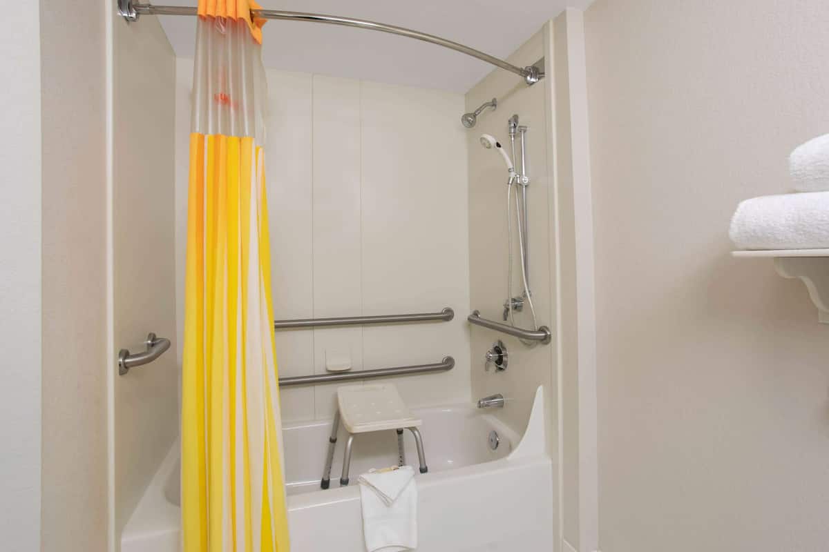 Combined shower/bathtub, free toiletries, hair dryer, towels