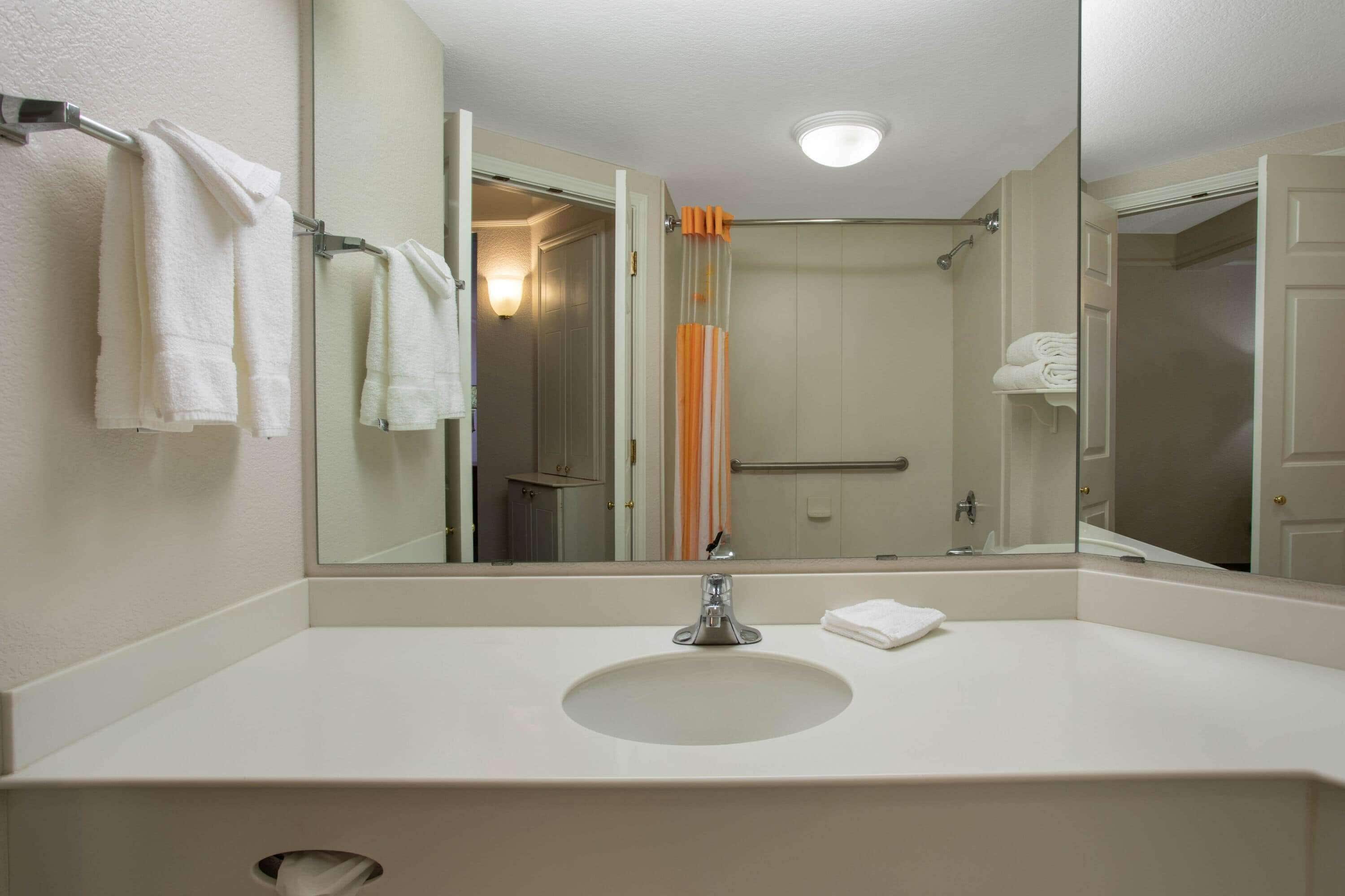 A bathroom with a large mirror, a sink, and a shower area.