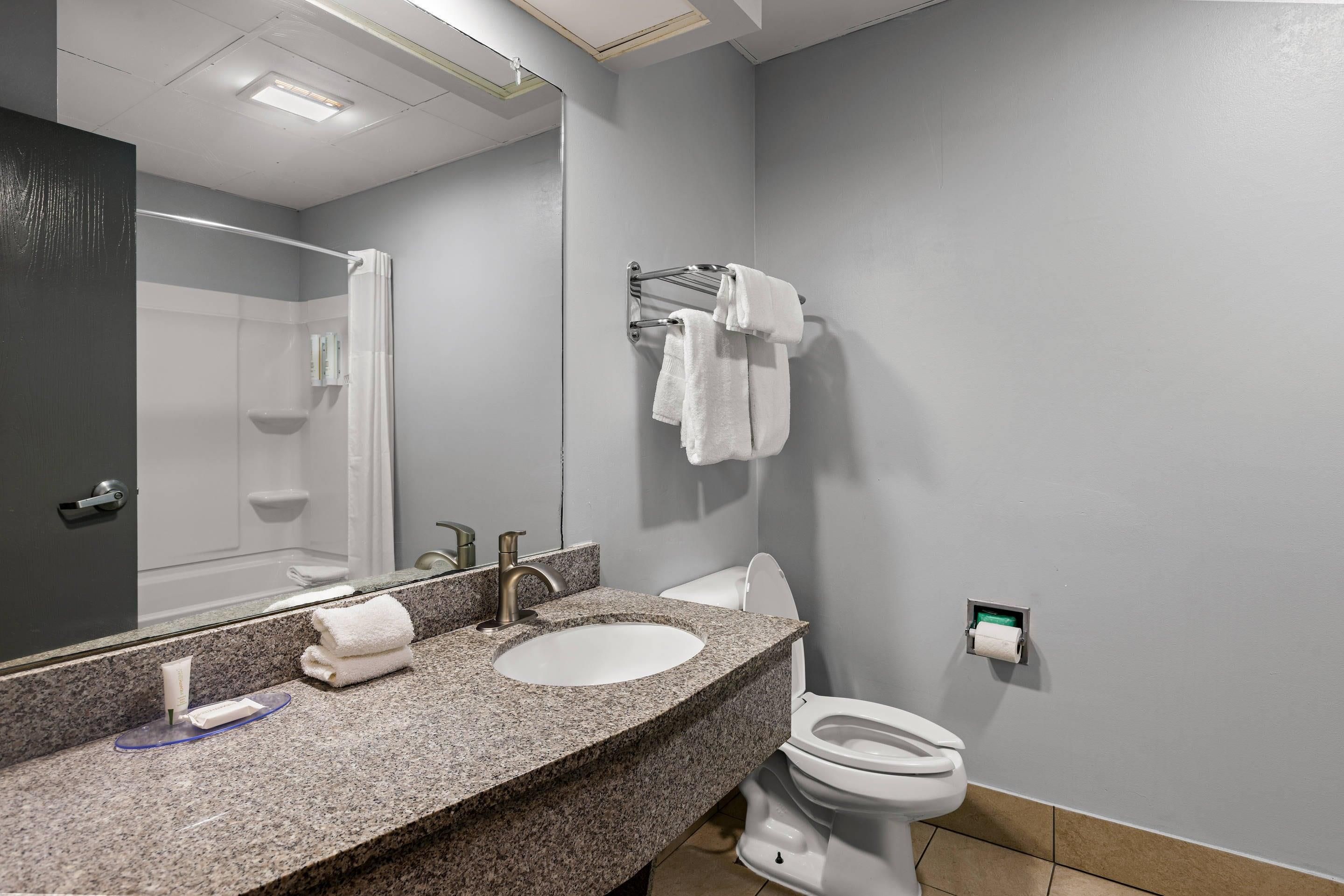 A bathroom with a granite countertop, a sink, a mirror, a toilet, and a towel rack.