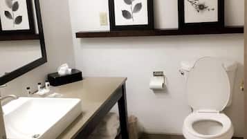 Ein modernes Badezimmer mit Waschbecken, Spiegel und Toilette. Über der Toilette befinden sich botanische Drucke in Bilderrahmen.