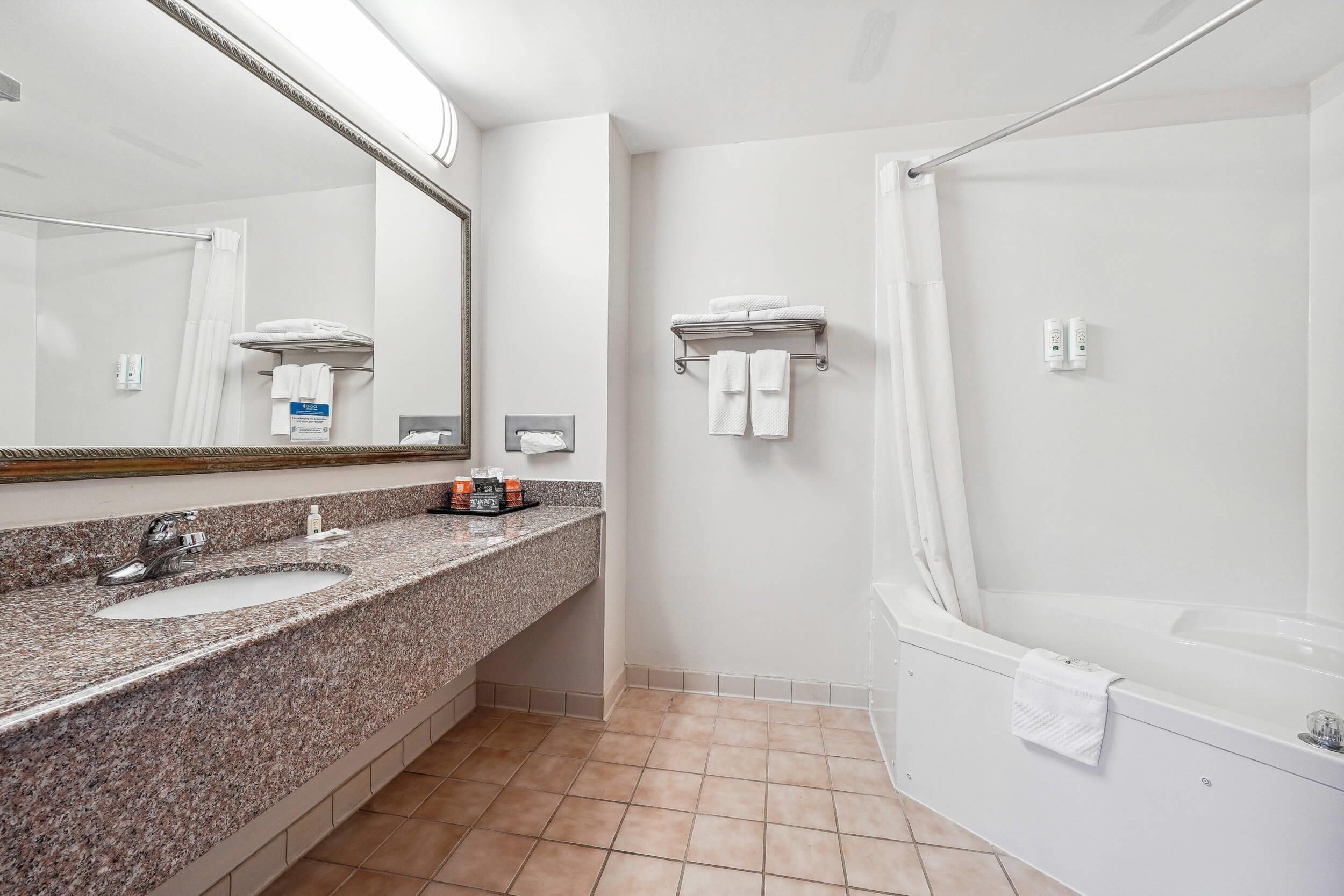 Un baño con dos lavamanos, un espejo grande, una ducha y un perchero para toallas.