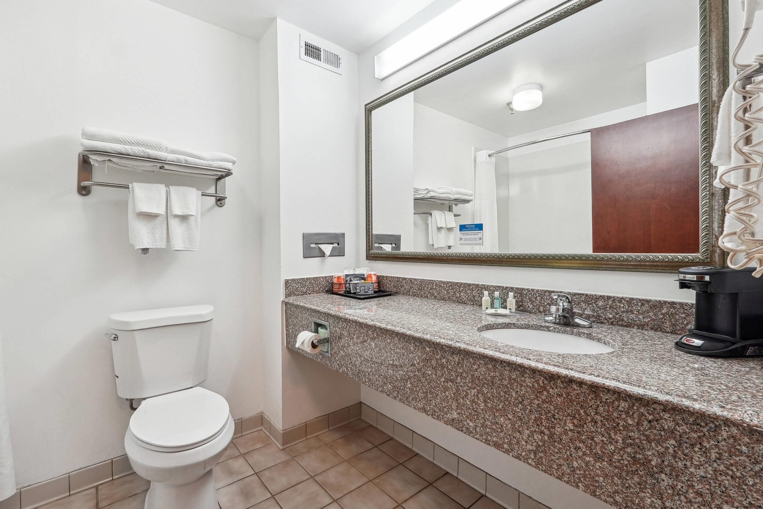 Une salle de bain moderne avec des toilettes, un lavabo et un grand miroir.