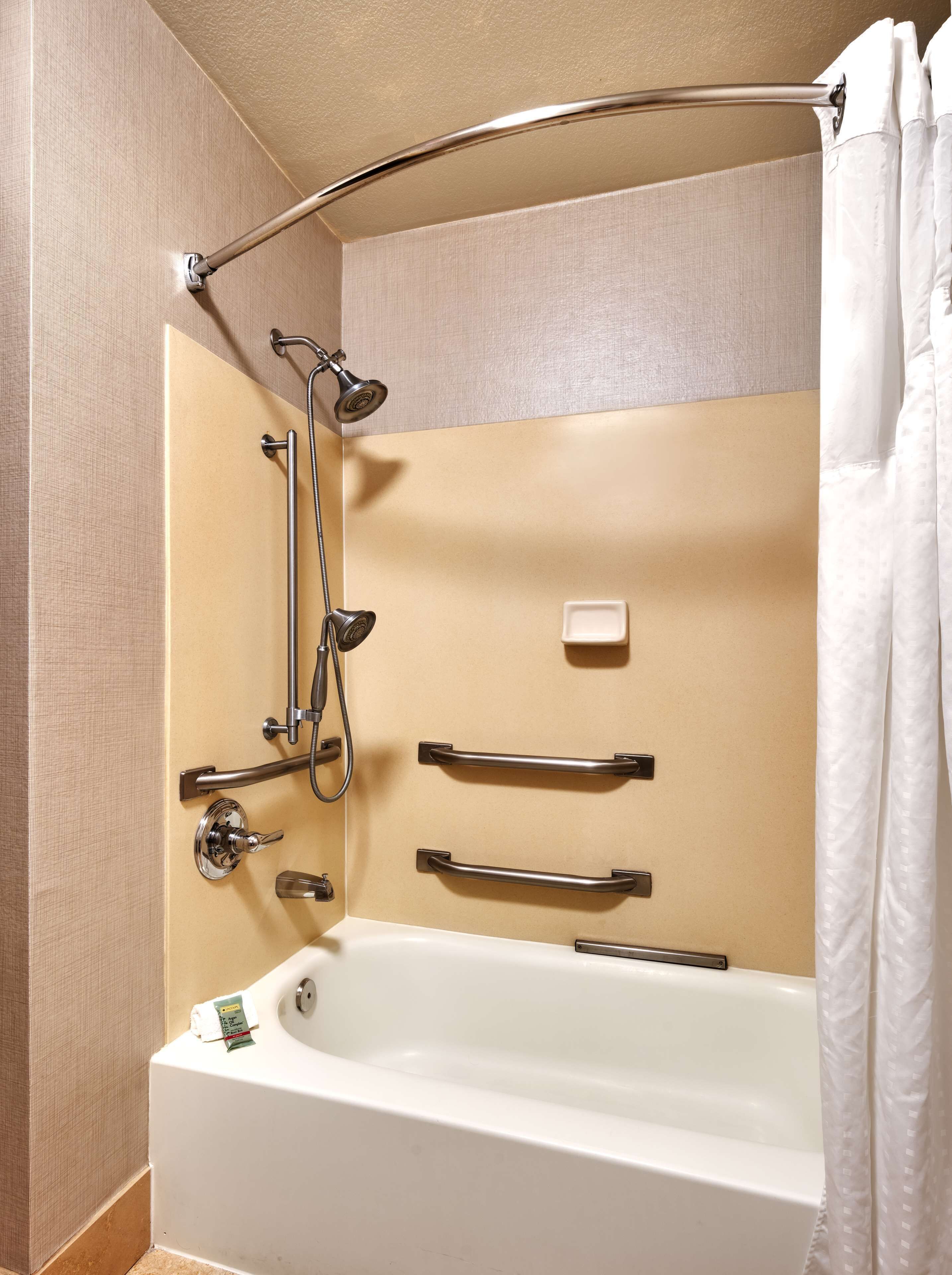 combined shower/bathtub, free toiletries, hair dryer, towels