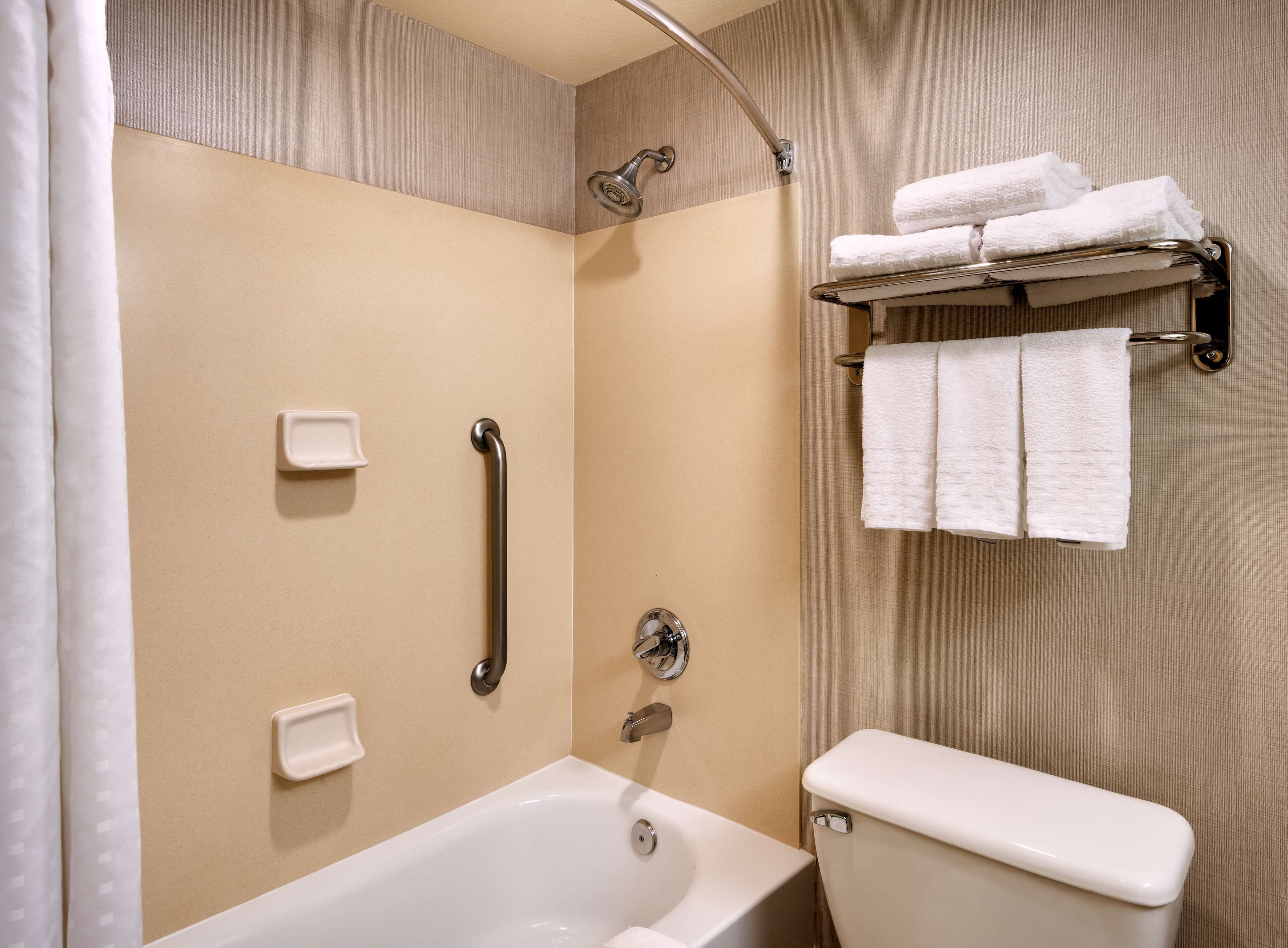combined shower/bathtub, free toiletries, hair dryer, towels