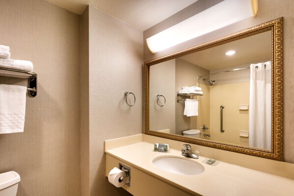 Baño de hotel con un espejo grande, lavabo, inodoro y perchero para toallas.