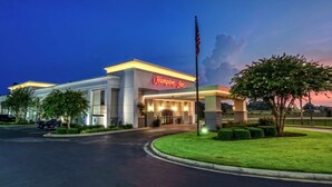 A Hampton Inn hotel with a well-lit entrance, a flagpole, and a landscaped lawn.