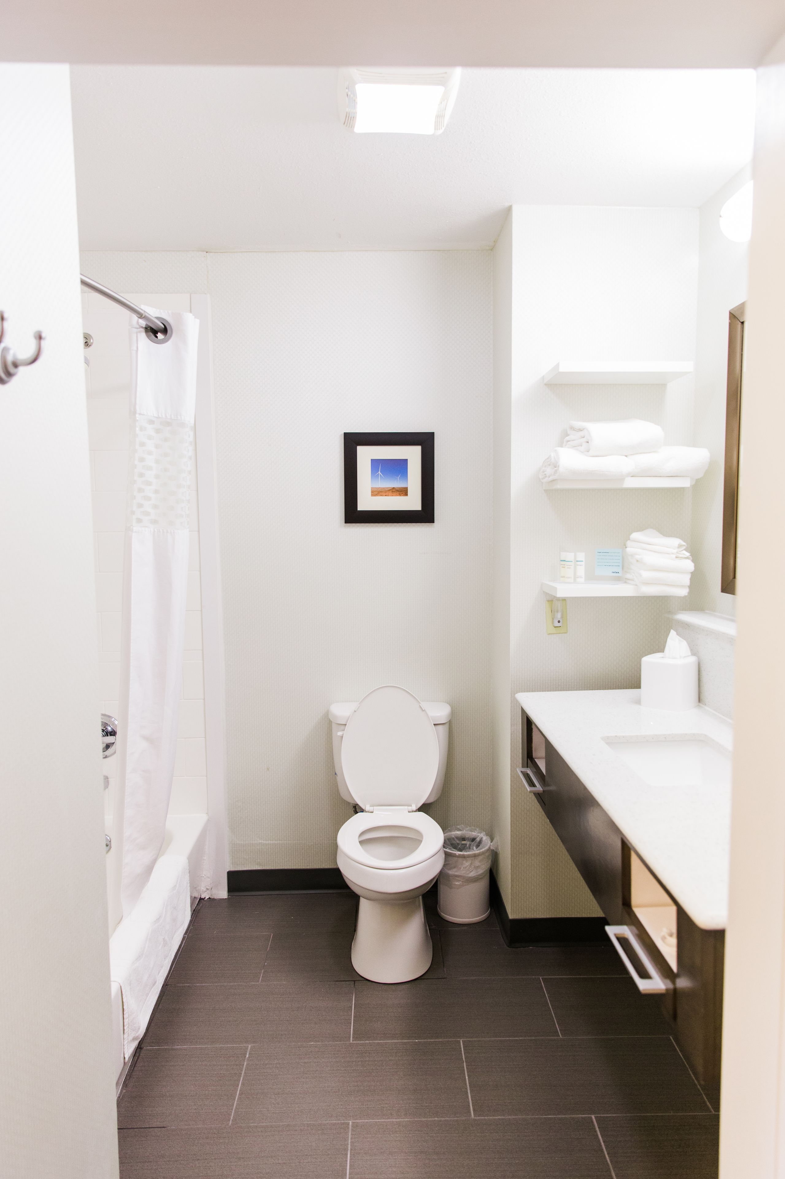 combined shower/bathtub, free toiletries, hair dryer, towels