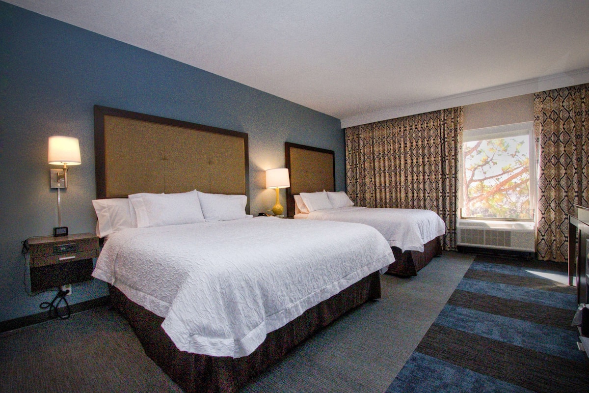 A hotel room with two beds, a nightstand with a lamp, a window with curtains, and a carpeted floor.