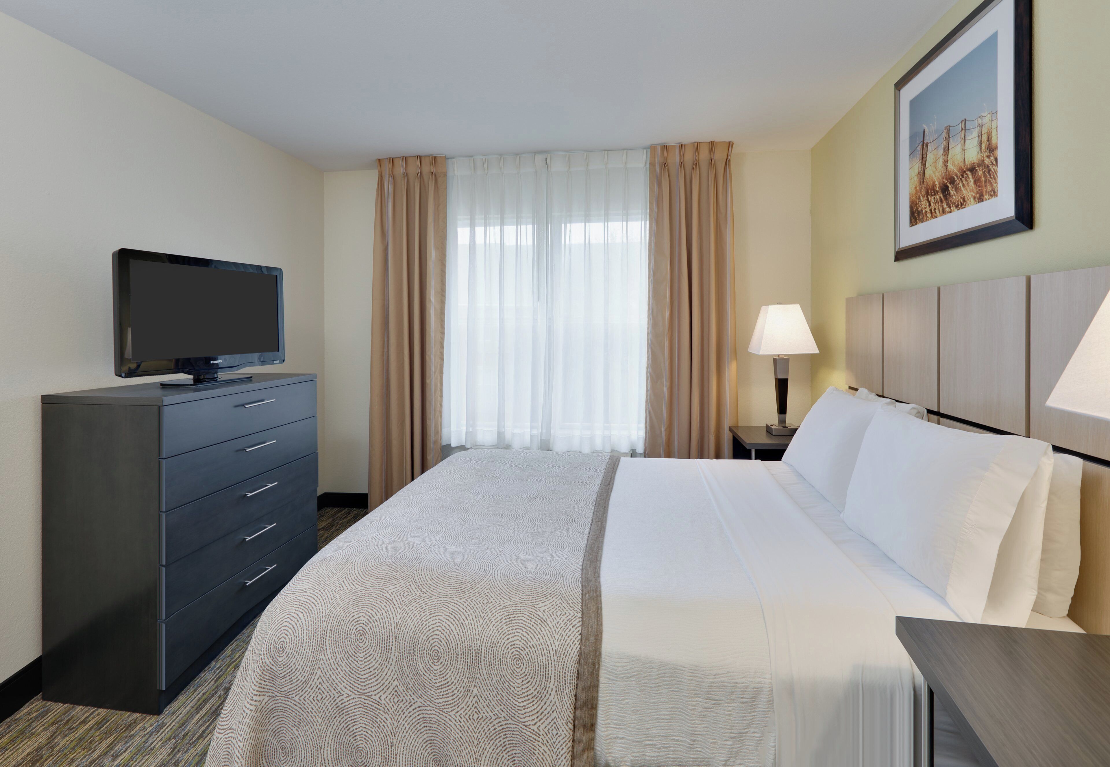 A hotel room with a bed, a television on a dresser, a lamp, and a painting on the wall.