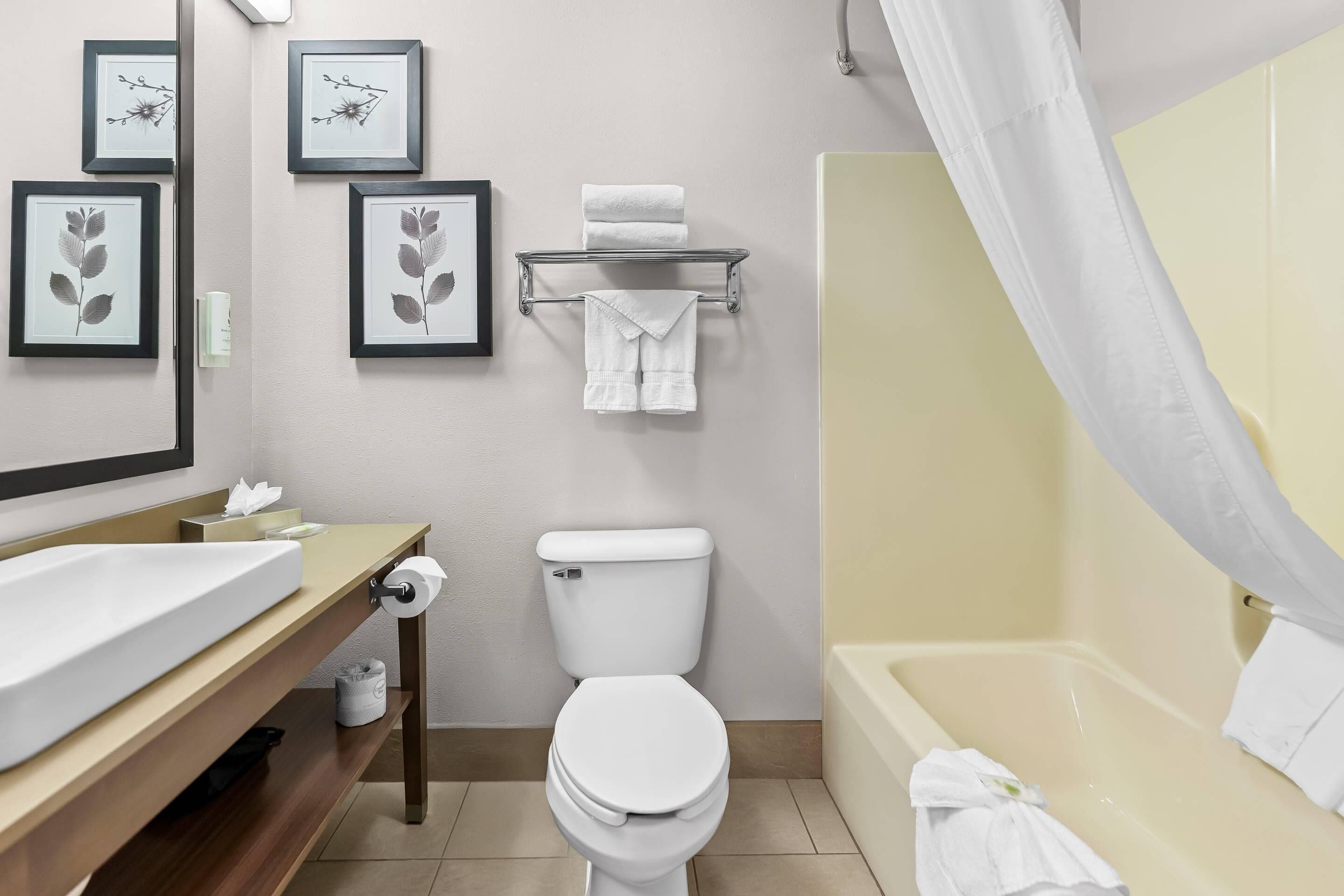 A bathroom with a toilet, sink, and bathtub. There are framed pictures on the wall, a towel rack with towels, and a shower curtain.