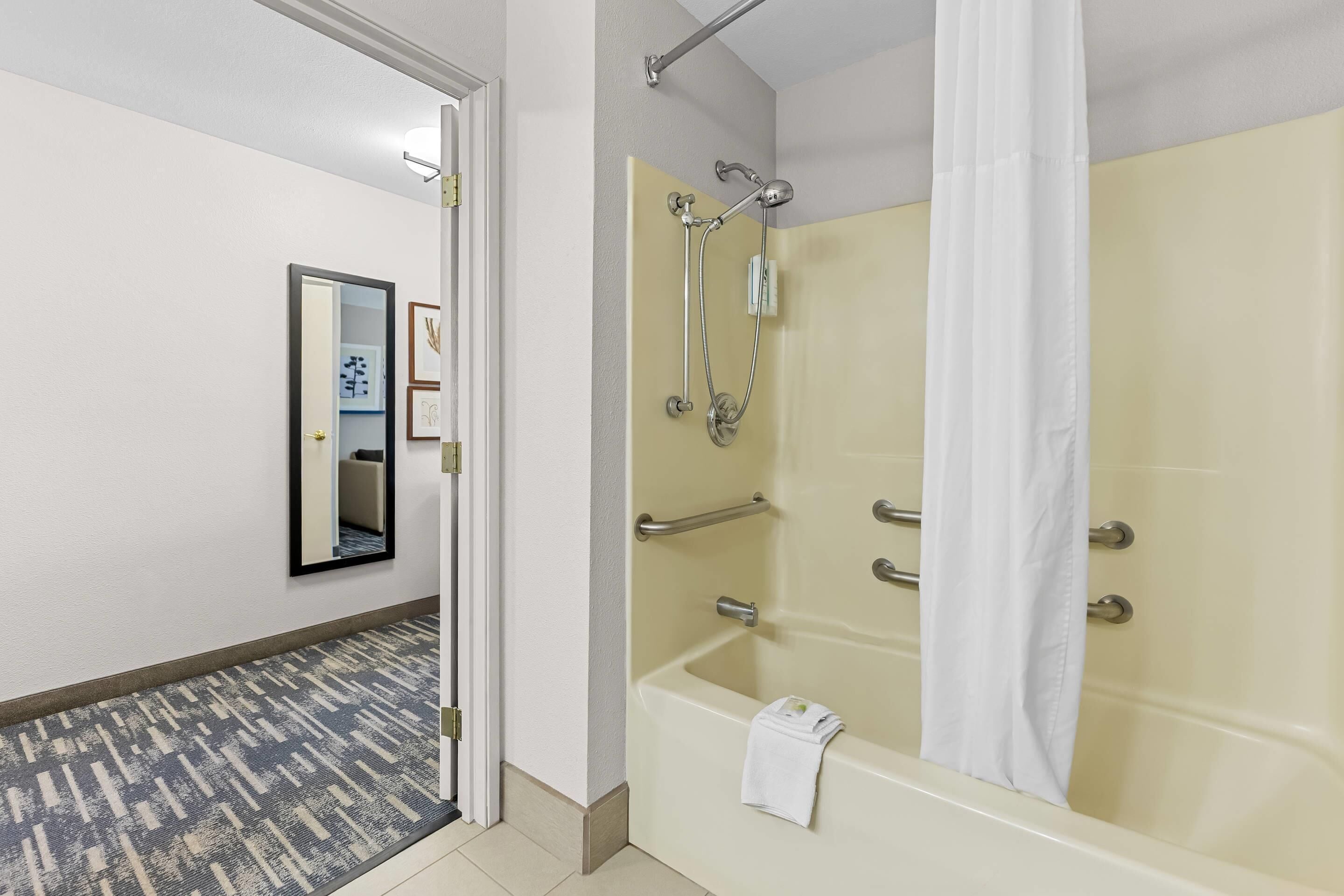 Une salle de bain avec une baignoire, une douche et un miroir.