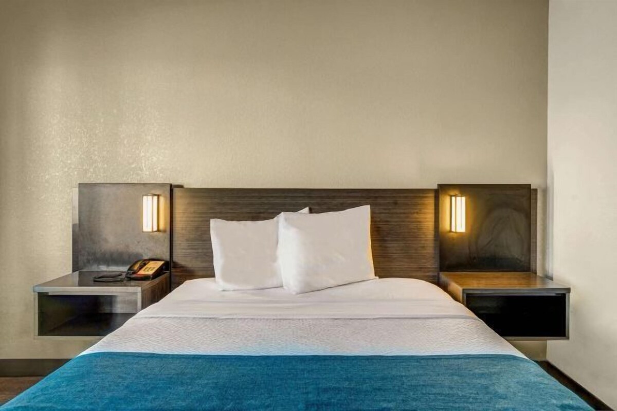 Habitación de hotel con una cama grande, dos mesitas de noche y un cabecero con iluminación integrada.