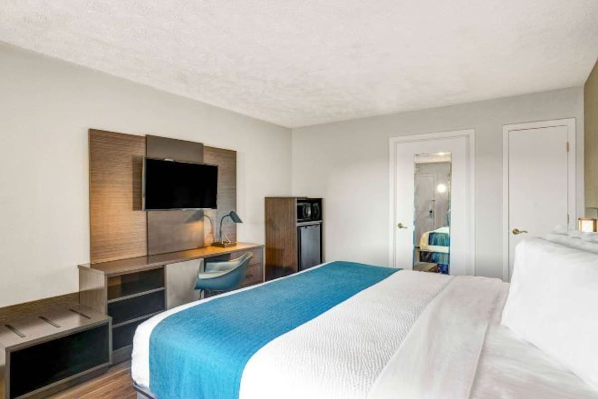 A hotel room with a bed, a desk with a chair, a TV, a mirror, and a door.