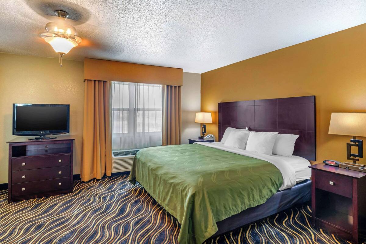 A hotel room with a large bed, a television, a desk with a lamp, and a patterned carpet.