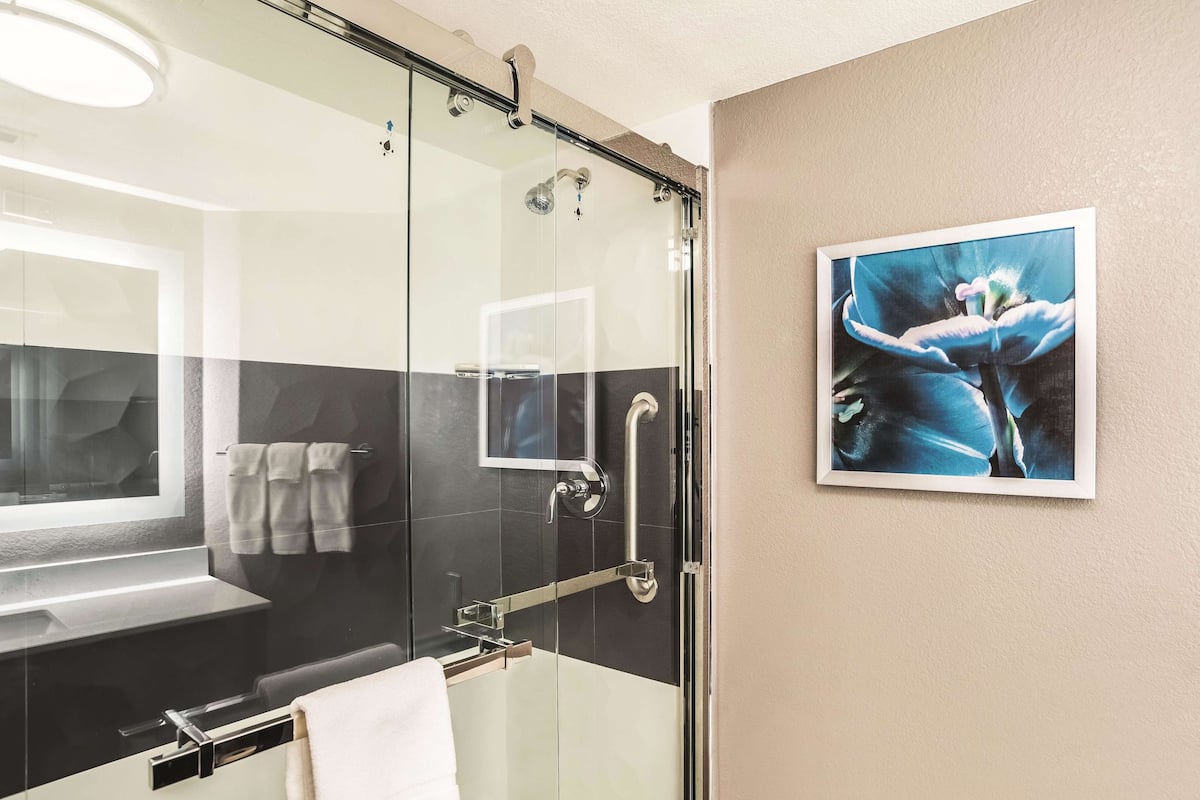 A modern bathroom with a glass shower enclosure, a large mirror, and a framed artwork on the wall.