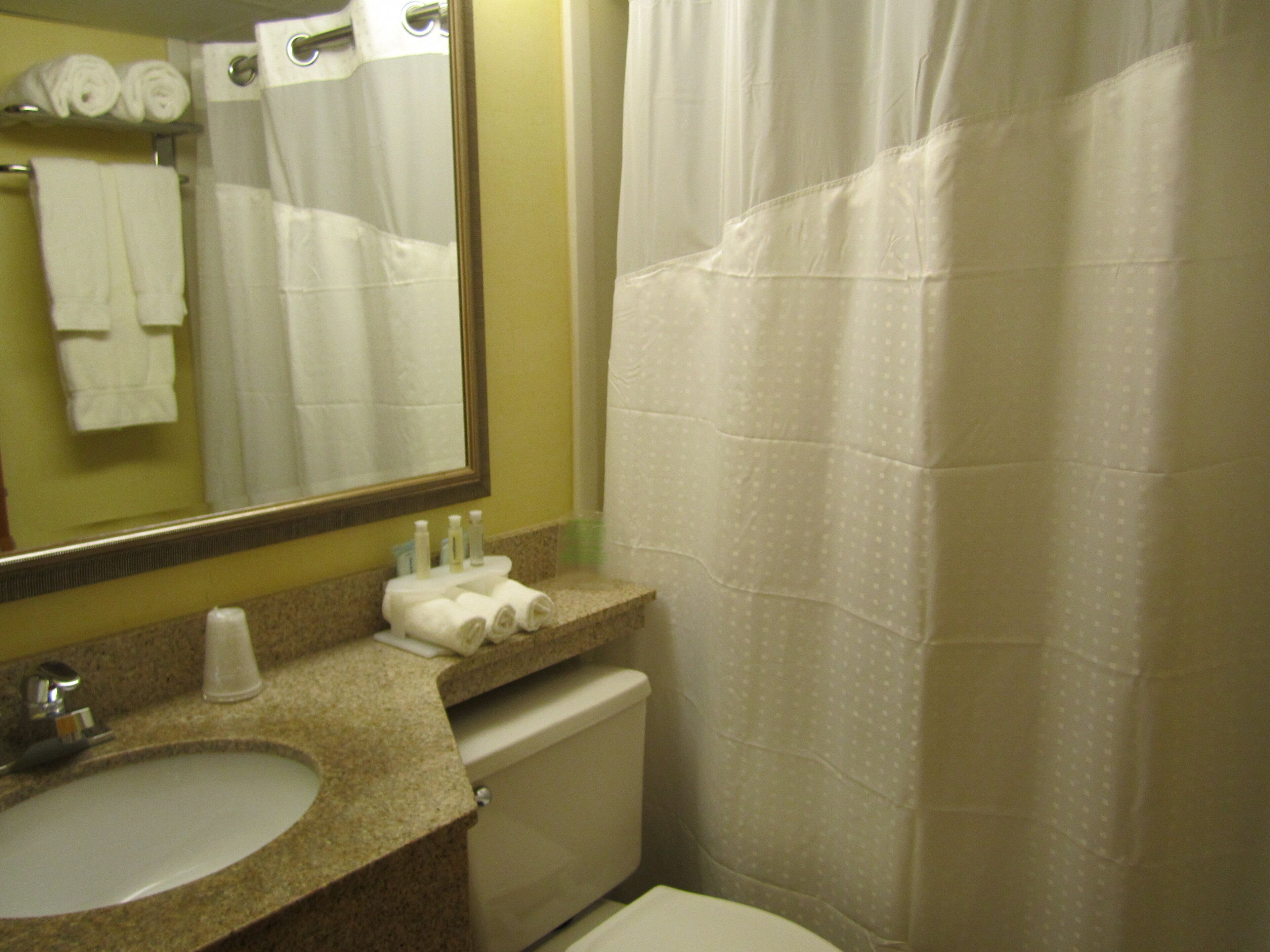 Un baño con lavamanos, espejo, toallero y retrete.