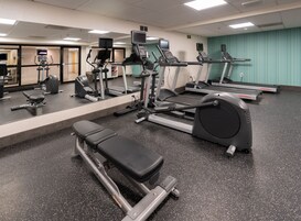 Een fitnessruimte met loopbanden, elliptische trainers en krachttoestellen.