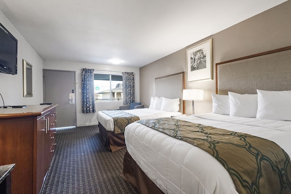 Room, 2 Queen Beds, Non Smoking | Desk, laptop workspace, blackout curtains, iron/ironing board