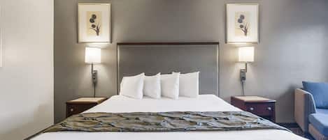Room, 1 King Bed, Non Smoking | Desk, laptop workspace, blackout drapes, iron/ironing board