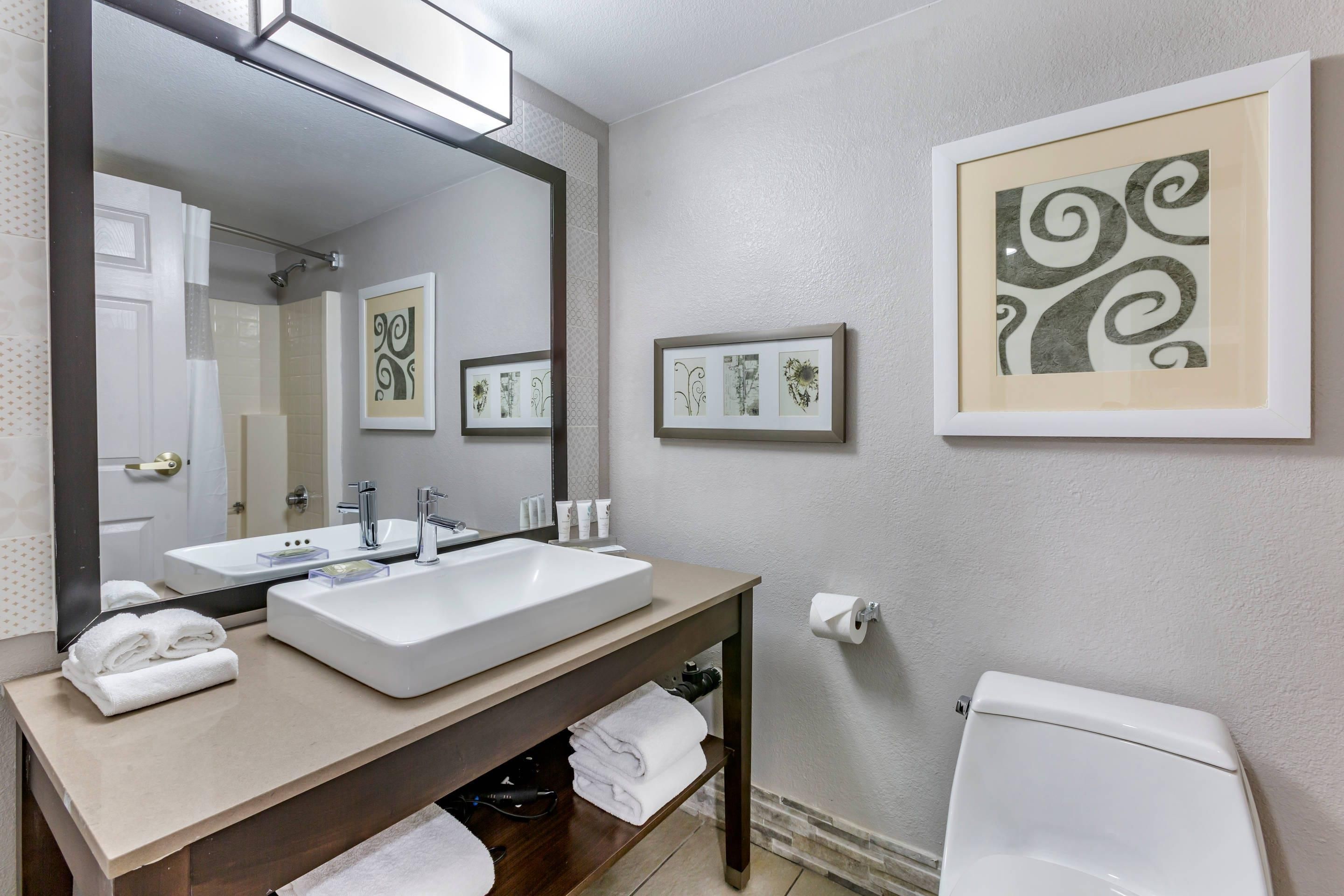 A bathroom with a large mirror, a white sink, a toilet, and framed artwork on the wall.