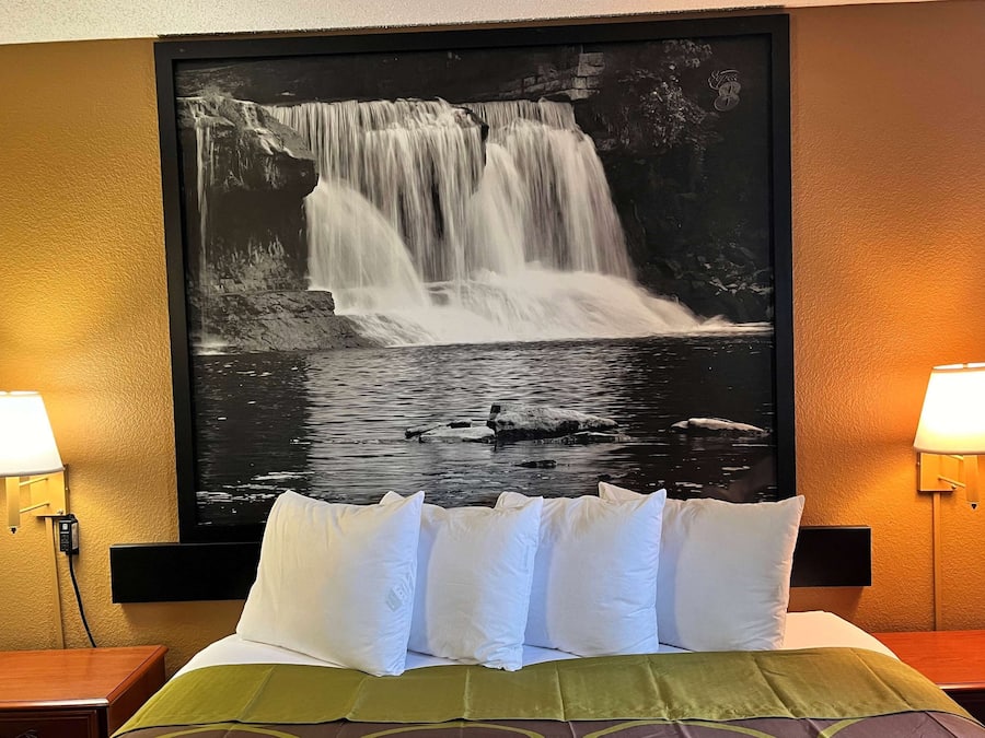 Desk, laptop workspace, blackout curtains, iron/ironing board