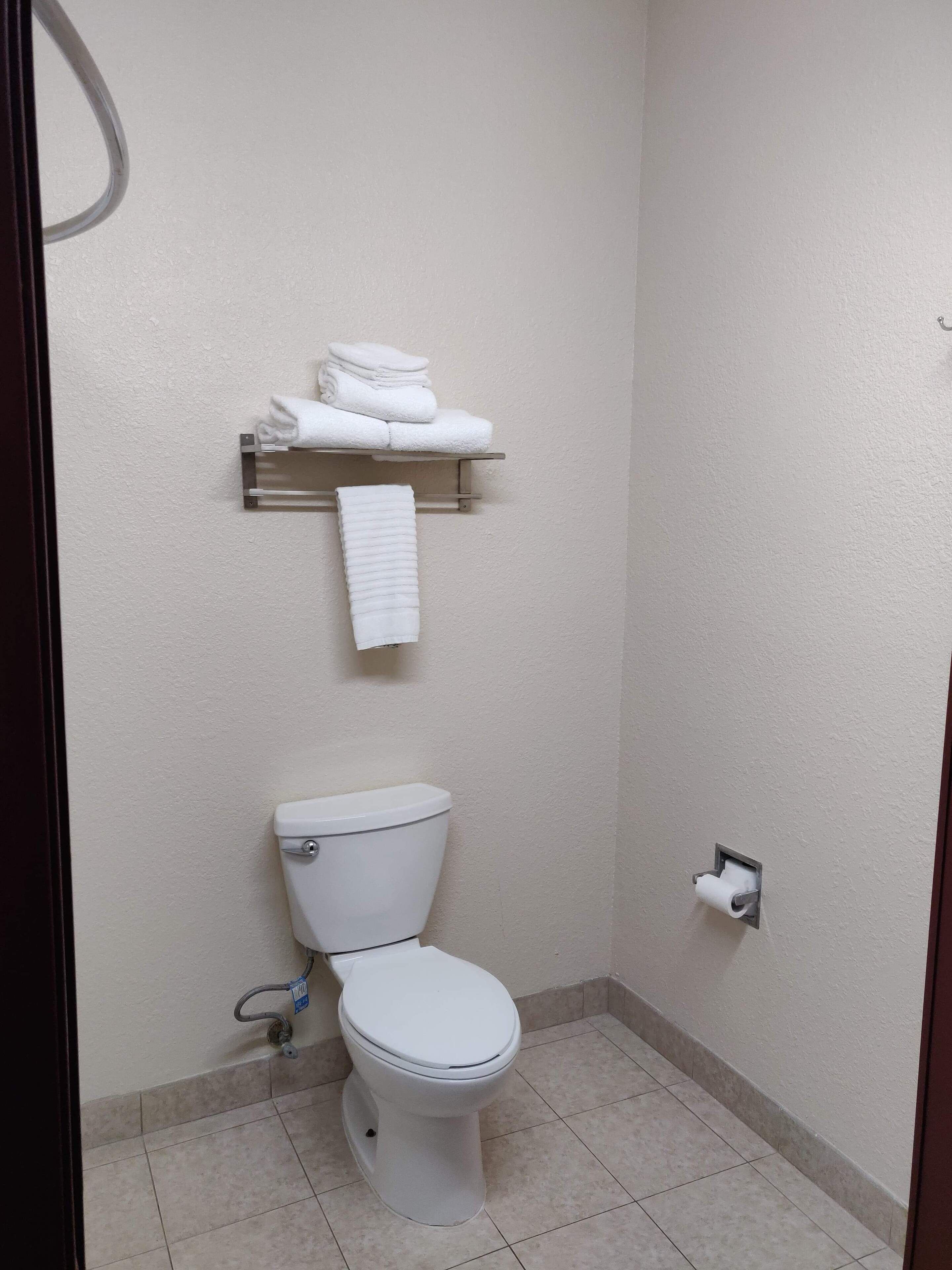 Un baño con inodoro, toallero con toallas dobladas y dispensador de papel higiénico.
