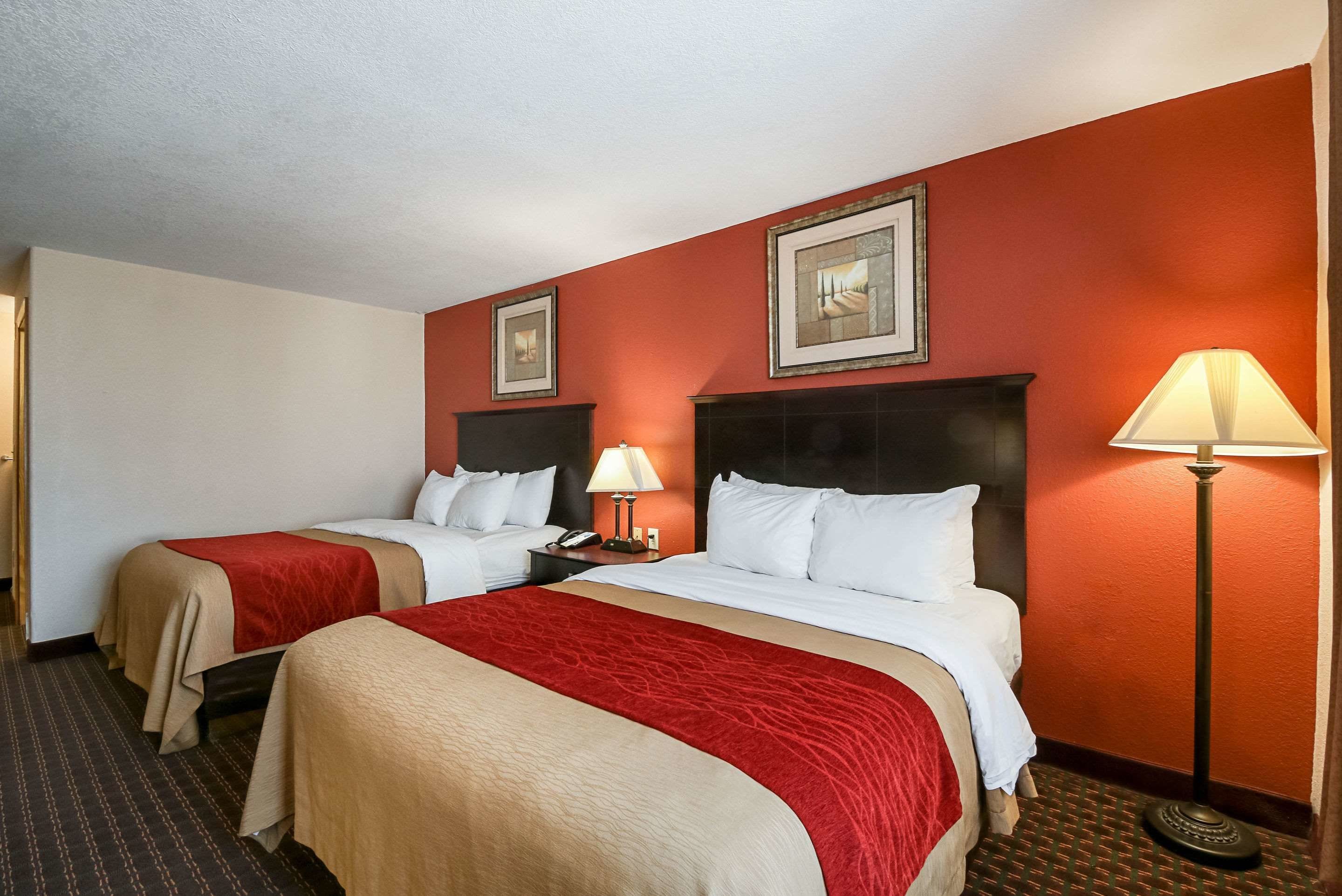 A hotel room with two beds, red walls, and a lamp.