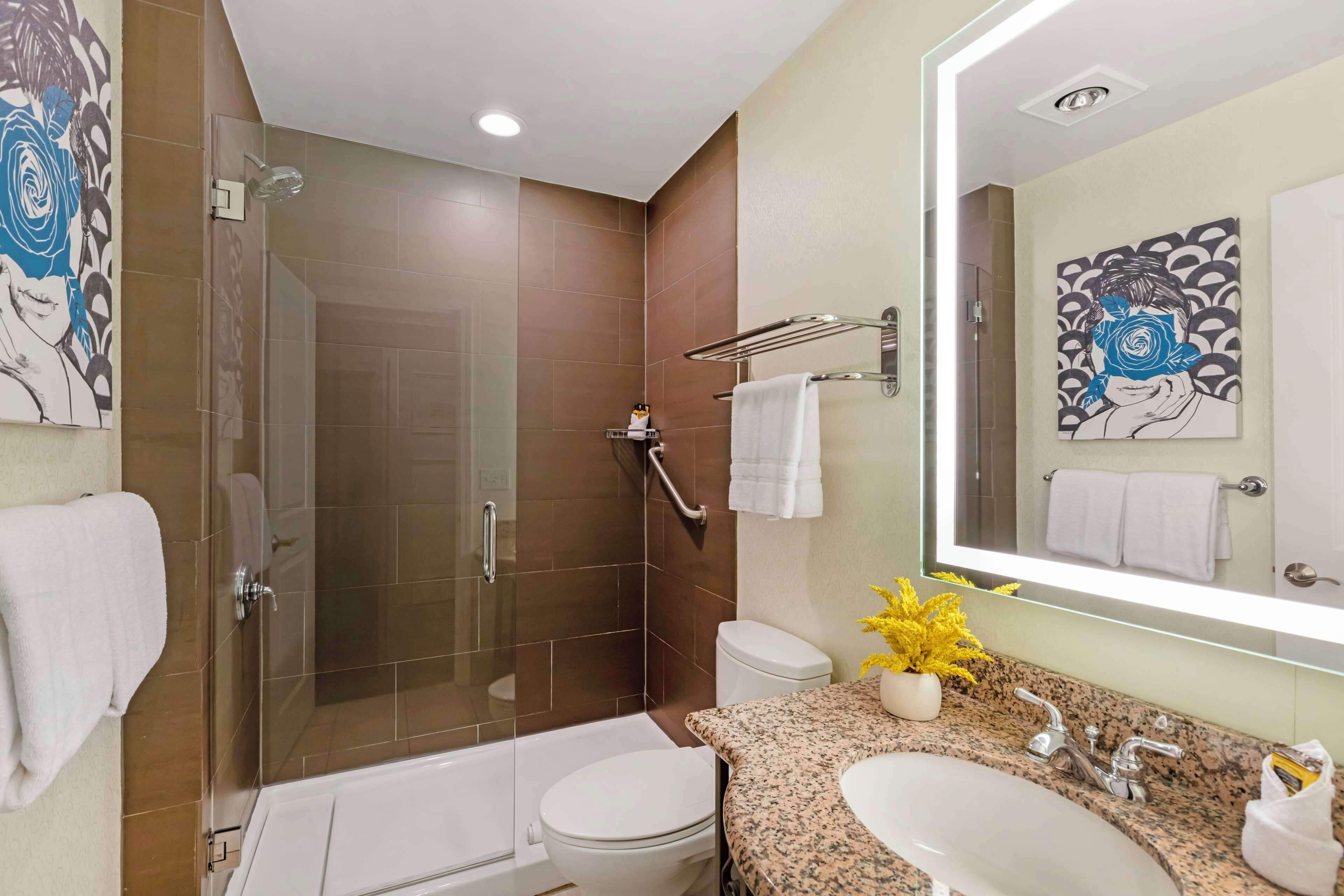 A modern bathroom with a glass-enclosed shower, a bathtub, a toilet, and a granite countertop with a sink.