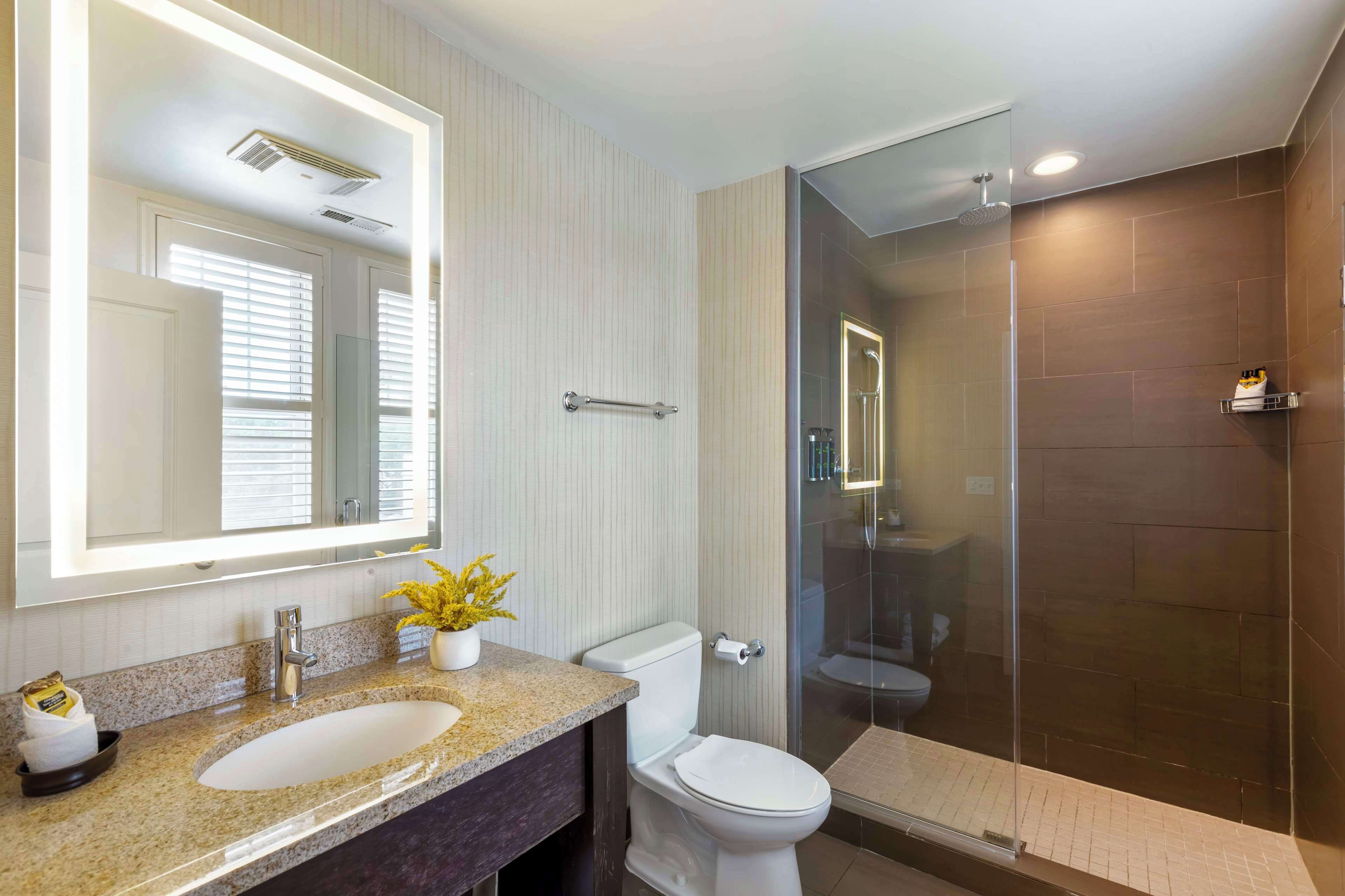 A modern bathroom with a large mirror, granite countertop, white toilet, and a glass-enclosed shower area.