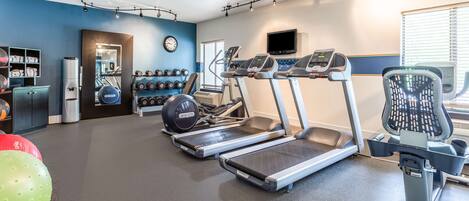 A gym with treadmills, dumbbells, and exercise balls.