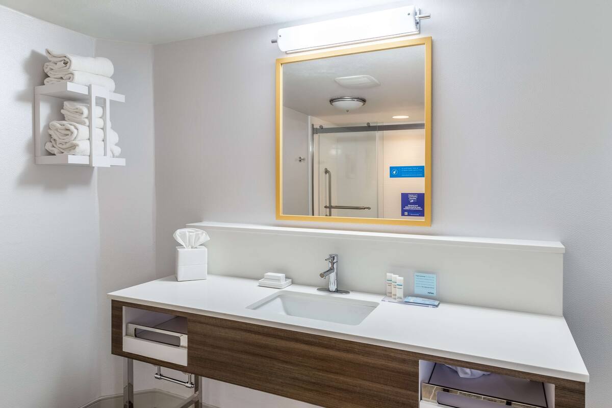 combined shower/bathtub, free toiletries, hair dryer, towels