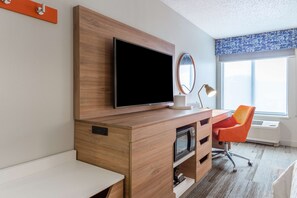 Individually furnished, desk, laptop workspace, blackout drapes