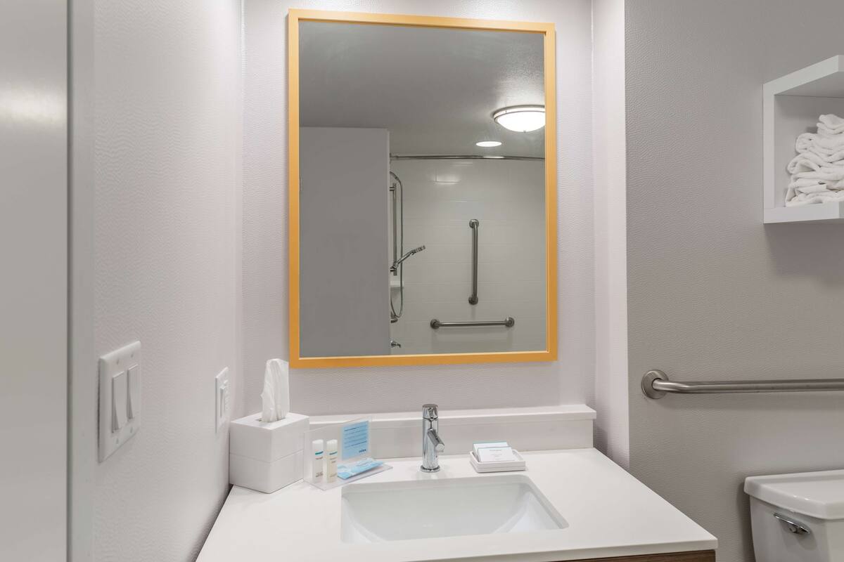 combined shower/bathtub, free toiletries, hair dryer, towels