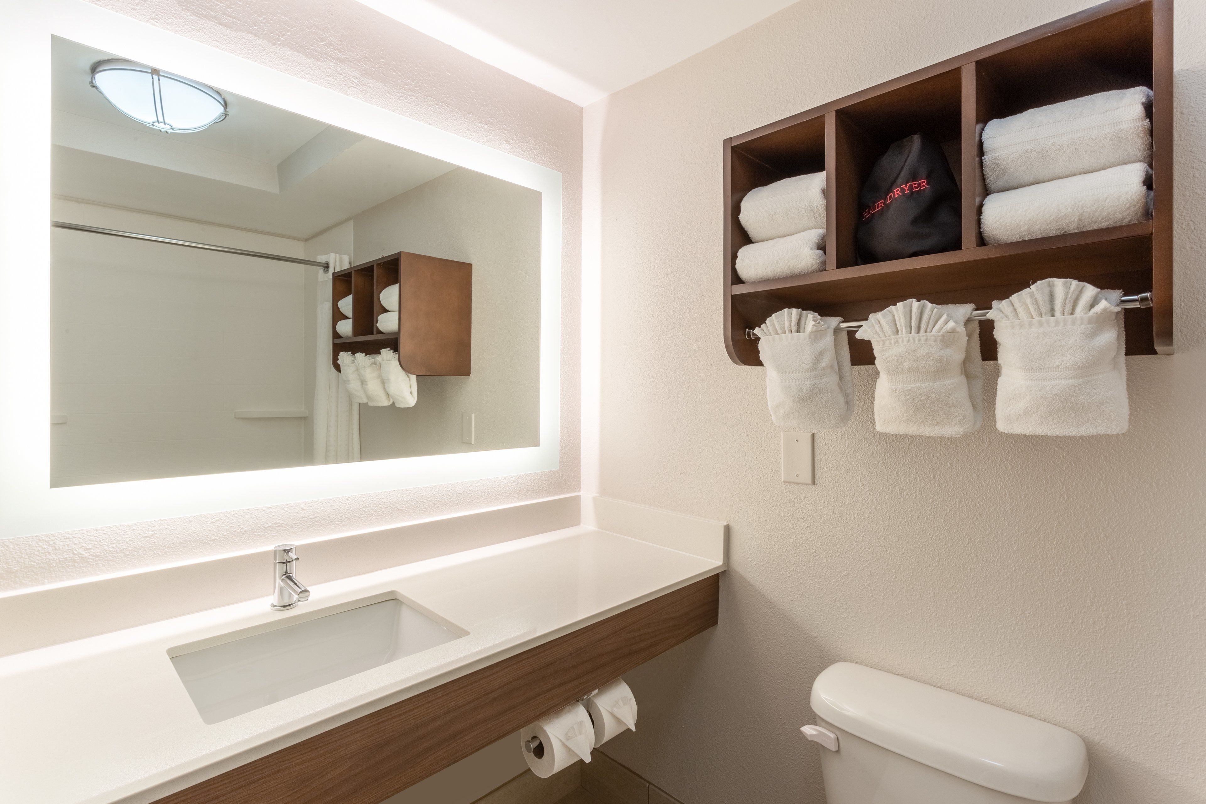 standard room, 2 queen beds | bathroom | hair dryer, towels