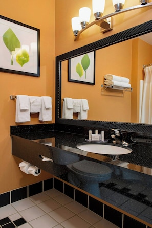 A modern bathroom with a black countertop, a sink, and a large mirror. There are white towels hanging on a rack and a framed picture on the wall.
