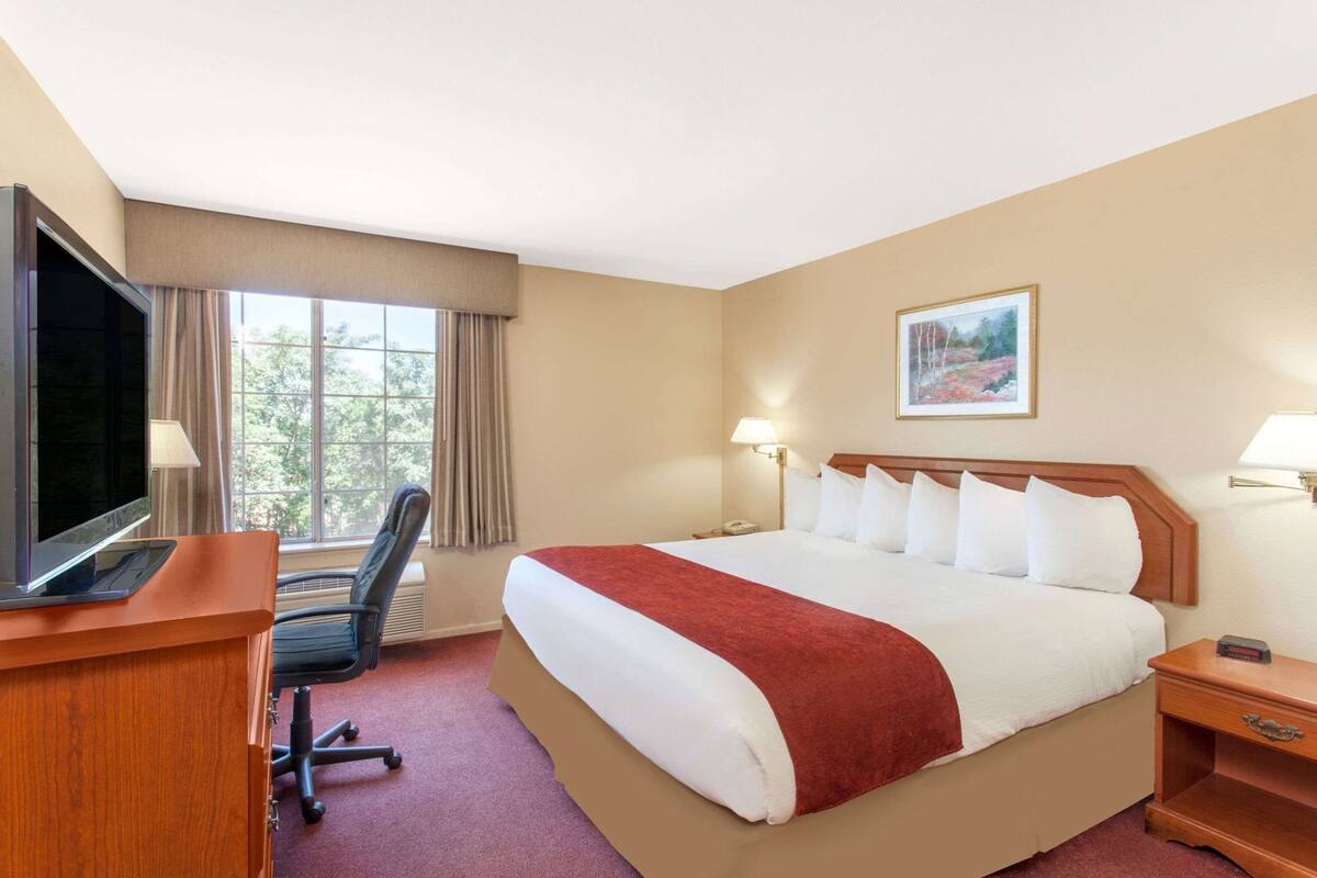 A hotel room with a bed, a desk with a TV, a chair, a window with curtains, and a painting on the wall.