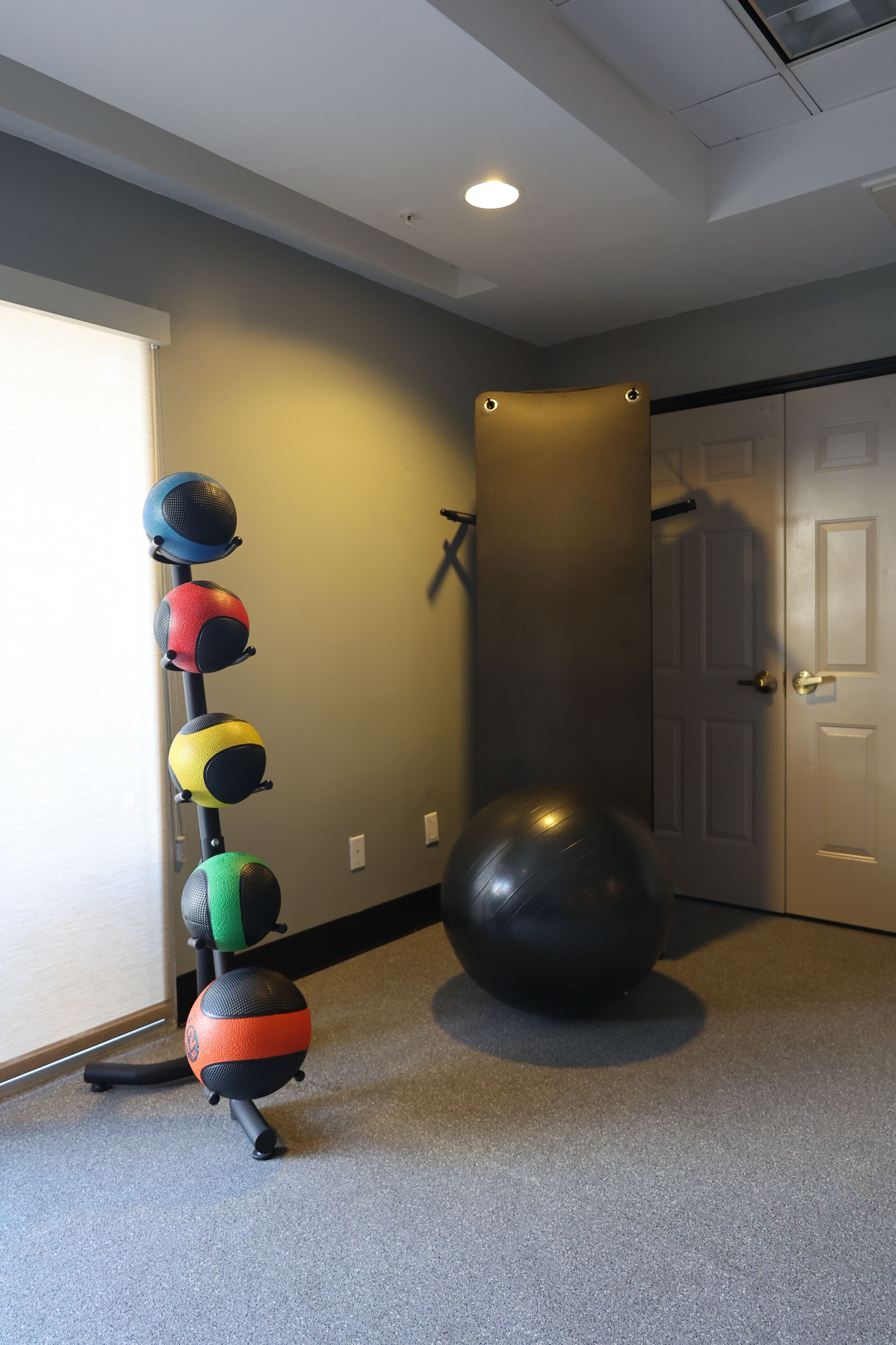 A hallway with a row of exercise balls, a large black exercise ball, and a punching bag.
