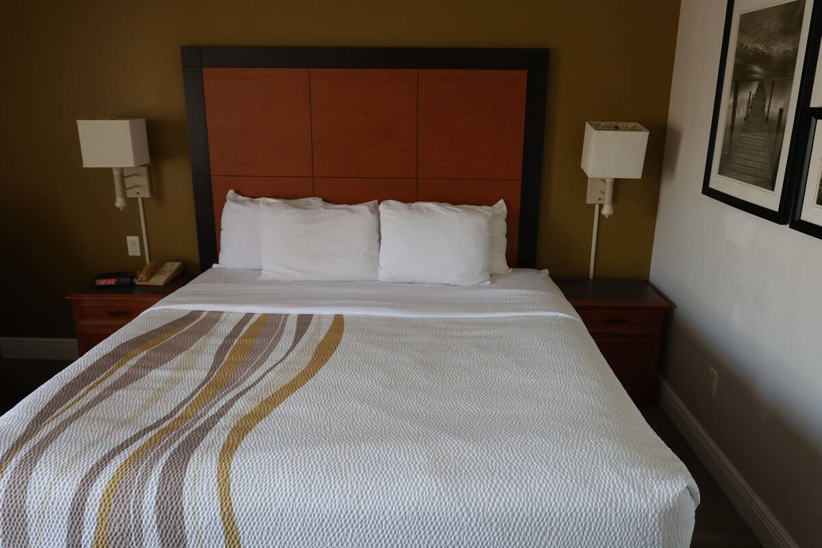 A hotel room with a large bed, two bedside tables, a nightstand, and a wall-mounted lamp.